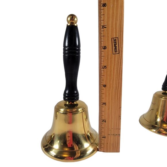 3 Large Brass Bells, Wooden Handles Christmas School Teacher Farm Collectible - Picture 5 of 14
